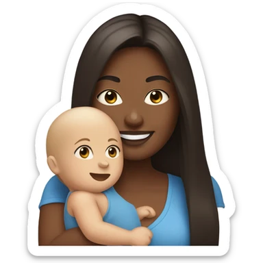 white woman, with straight long mid hair, dark brown hair, blue eyes, round face, uni-lips. holding her baby boy, one year old, brown skin, bit of hair straight brown smiling sticker