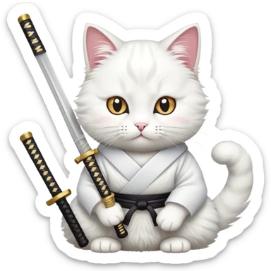 White cat with a Japanese katana sticker