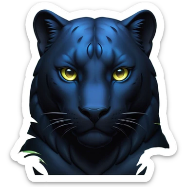 Cinematic Noble Panther Portrait Emoji, Poised and regal, with a sleek, muscular build draped in glossy, midnight-black fur and piercing, luminescent eyes, Simplified yet sharp and sophisticated features, highly detailed, glowing with a soft, mysterious glow, high shine, intelligent and enigmatic, stylized with an air of stealthy authority, focused and commanding, soft glowing outline, capturing the essence of a watchful and confident jungle guardian that appears ready to prowl out of the screen with effortless authority! sticker