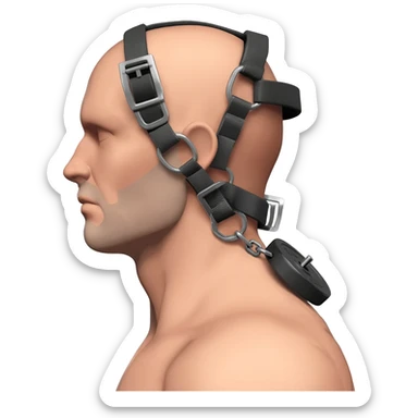 Side profile with neck fully extended back, showing defined neck fibres and a prominent Adam’s apple. Wearing an **Iron Neck head harness** with D-rings near the ears, with a chain through a weight plate attached to the rings. sticker