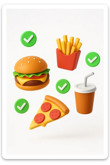 fast food fluttua in aria insieme a spunte di verificato in 3d, sfondo bianco sticker