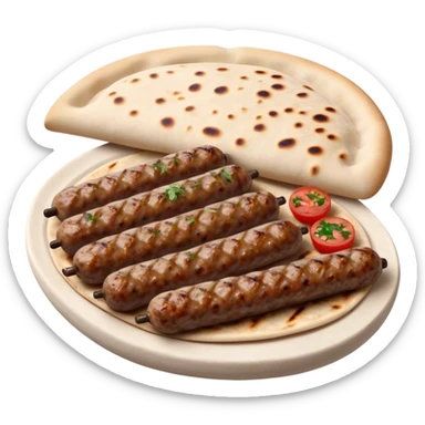 Cinematic Realistic Cevapi Dish Emoji, depicted as small, grilled minced meat sausages with a charred exterior rendered with lifelike textures and warm, savory lighting. sticker