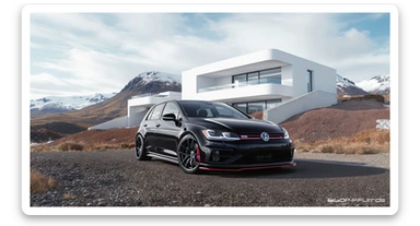 black Golf 4 with bodykit, in background is modern huge two flors white villa, in distance are iceland mountains, rule of thirds, shot on gopro hero, noise camera sticker