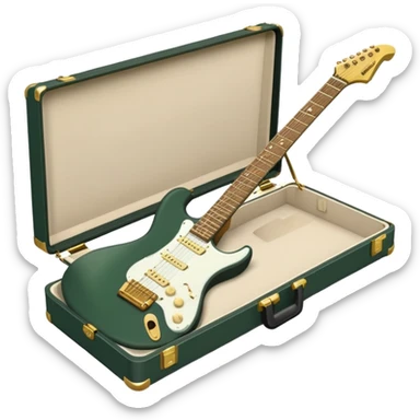 minimalist electric guitar in dark green, closed inside a black rectangular hard case with gold latches, soft matte textures, simplified details, alternate angle sticker