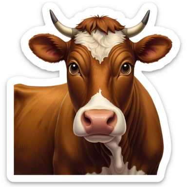 Cinematic Noble Brown Cow Portrait Emoji, Poised and regal, with a large, sturdy build and a smooth, well-groomed deep brown hide, deep-set soulful brown eyes, Simplified yet sharp and sophisticated features, highly detailed, glowing with a soft, dignified glow, high shine, intelligent and calm, stylized with an air of pastoral majesty, focused and attentive, soft glowing outline, capturing the essence of a watchful and confident bovine guardian, so majestic it feels as though it could amble out of the screen with effortless authority! sticker