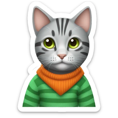 A striped grey cat with green eyes with orange sweater in full growth sticker