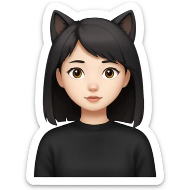 White skin girl, blac wolf cut hair, dark brown eyes, cute Asian face, black sweather sticker