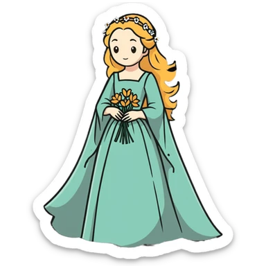 Ophelia from Shakespeare's Hamlet looking distressed, scattering flowers, wearing a medieval gown, based on both the tragic character and Millais' painting sticker
