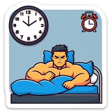 bodybuilder resting in bed, gym poster in background, large clock indicating 48 hours of rest, cartoonish sticker style sticker