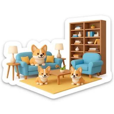 Change the dog family to a corgi breed, keep the cozy living room scene, in the style of 3D emoji style, with no background. sticker