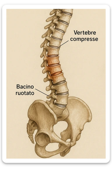 realistic anatomical image, lateral view, only compressed vertebrae highlighted, caused by rotated pelvis, clear anatomical details, Italian captions, aspect ratio 2:3 sticker