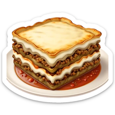 Cinematic Realistic Moussaka Dish Emoji, depicted with layers of eggplant, minced meat, and b√©chamel sauce rendered with rich textures and warm, inviting lighting that captures its Mediterranean flavor. sticker
