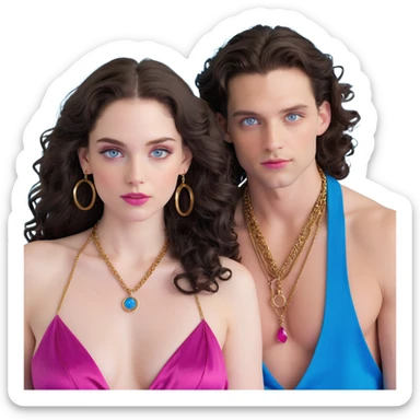attractive couple with baddie energy, woman with big blue-grey eyes, long lashes, pale skin, pink lips, long voluminous dark brown curls, gold hoop earrings, revealing silky halter top next to handsome man with intense blue-grey eyes, chiseled features, pale skin, confident smirk, dark brown styled hair, gold chain, revealing open shirt sticker