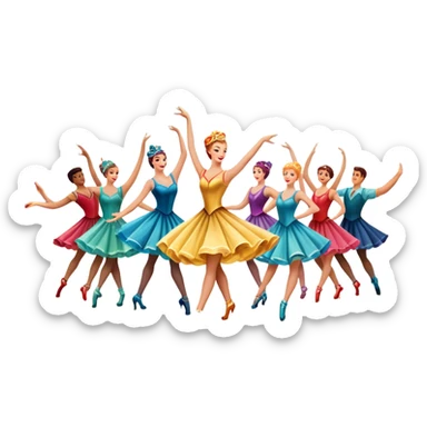 Icon for Musical Movie: A vintage movie poster-style design with a lively, colorful scene—dancers in glamorous costumes, bright lights, and musical notes floating in the air. Include elements like a grand stage, a spotlight, and instruments. Retro cinematic feel. Transparent background. sticker