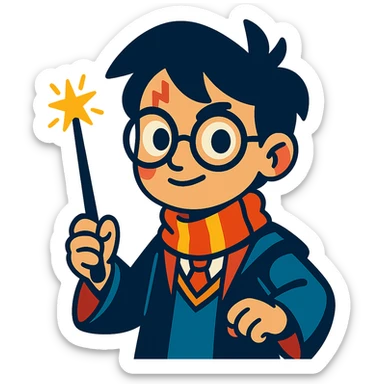Harry Potter with glasses, lightning scar, and wand in a magical cartoon style sticker
