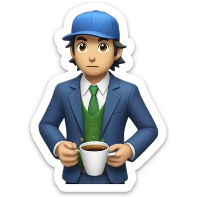 ash ketchum with a suit, holding a coffee cup, and whistling sticker