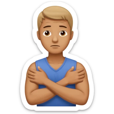 A man looking stressed holding the front of his neck with his arms crossed sticker