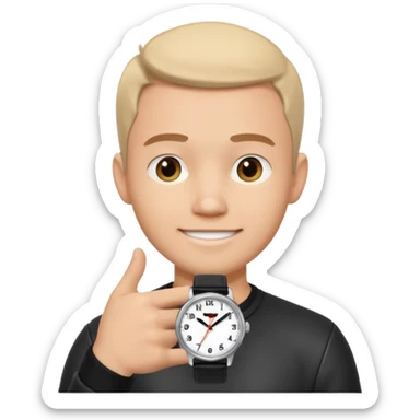 man wearing a black strap watch portrait, head and shoulders only, round face, soft jawline, friendly smile, black leather strap watch visible, 3D cartoon, mobile game icon style, clean background, no text, no watermark sticker