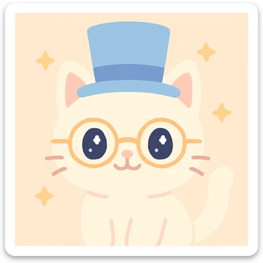 cat wearing a gibus hat and half moon glasses, charming illustrative style, cute and appealing sticker