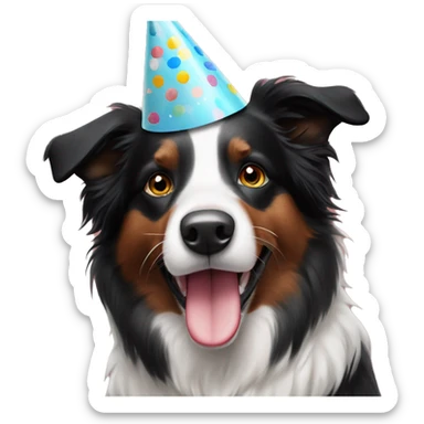 A black and white Border Collie with black freckles wearing a party hat.   sticker