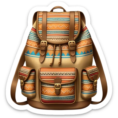 Cinematic Realistic image of a traditional Colombian mochila, rendered with detailed woven textures and vibrant patterns, set against a rustic backdrop with soft, cultural lighting sticker