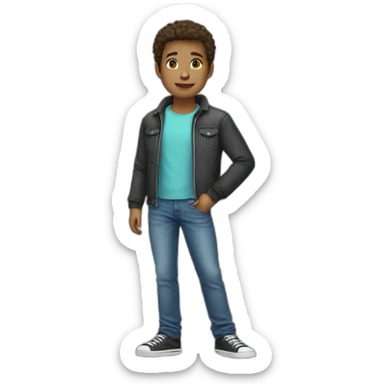 Full body teen male with jeans, t-shirt, and a jacket sticker