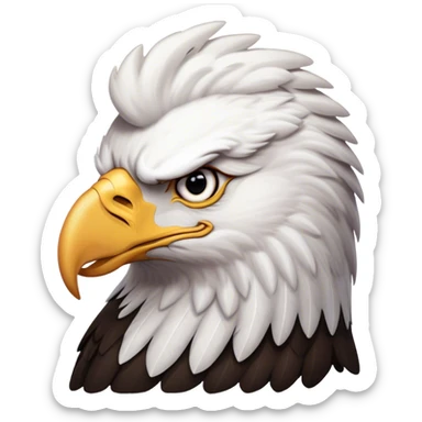 Cinematic Noble American Eagle Portrait Emoji, Poised and regal, with a powerful, broad build, a distinctive white-headed silhouette contrasting a dark, formidable body, and piercing, intense eyes, Simplified yet sharp and sophisticated features, highly detailed, glowing with a soft, majestic radiance, high shine, intelligent and commanding, stylized with an air of national pride, focused and vigilant, soft glowing outline, capturing the essence of a watchful and confident American eagle that appears ready to soar out of the screen with effortless authority! sticker