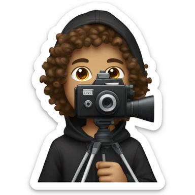 Boy with brown curly hair holding a movie camera wearing a black hoodie sticker