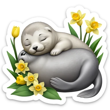 Sleeping baby seal and daffodils  sticker