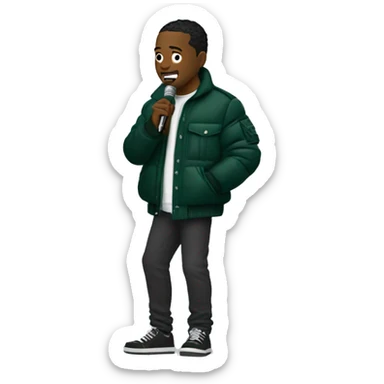 Side profile of a hip hop artist. He has an arm extended down and is holding a mic in that hand. He's wearing a dark green puffy jacket.  sticker