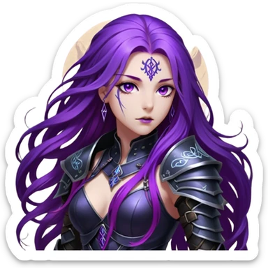 A mysterious warrior girl with long, flowing purple hair cascading down her back, strands catching the dim light like silk. Her piercing violet eyes glow. She wears sleek black armor, a perfect fusion of elegance and lethality, adorned with intricate silver engravings resembling ancient runes.  sticker