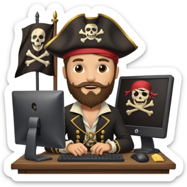 pirate captain with a beard, coding on a desktop computer, pirate flag with code symbol, cheerful and creative sticker