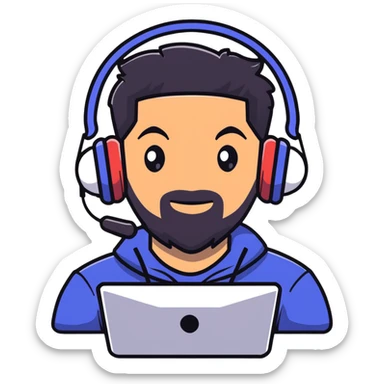 laughing man with black hair, brown eyes, black beard wearing gaming headset sticker