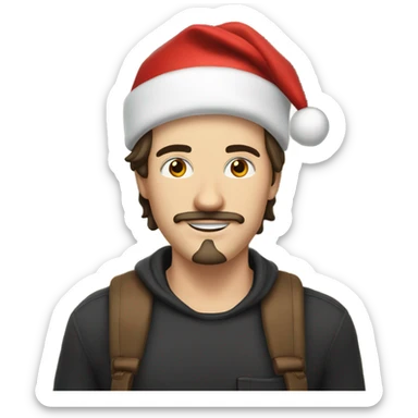 white guy 25 years old dark hair with a small moustache and small beard, with a christmas santa h sticker