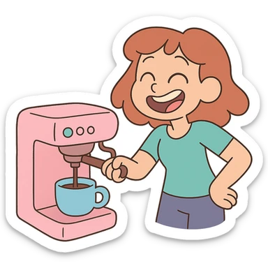 pastel pink coffee machine, calArts 2010s cartoon style, soft colors, rounded shapes, cute and modern sticker