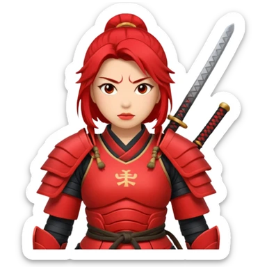 A female samurai with strong posture, red armor plates, and fierce determination.
 sticker