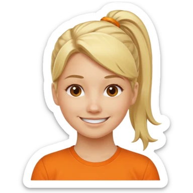 blond woman with ponytail and orange shirt sticker