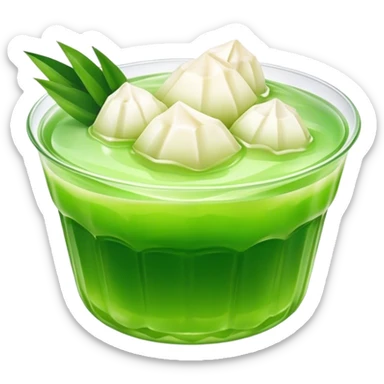 Cinematic Realistic Coconut Pandan Jelly Dessert Emoji, showcasing a delicate, translucent jelly infused with coconut and pandan rendered with lifelike detail and soft, tropical lighting. sticker