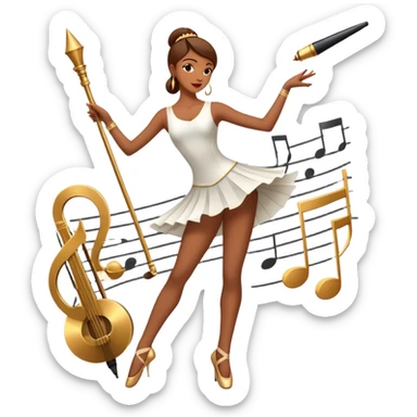 Icon for Choreography: a dancer in a graceful pose with musical notes, a director’s baton, a metronome and a dance floor. The icon should represent the art of choreography, with focus on movement, timing, and creativity. Transparent background. sticker