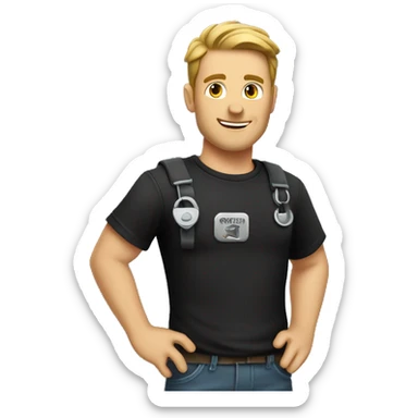 a white man in a black t-shirt is a mechanic with a repair key sticker