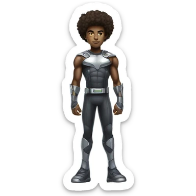 Muscular Afro teenage boy in a Cyborg superhero costume standing on a spaceship. sticker