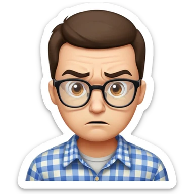 A rigid, tense person looking angry and slightly scared, wearing glasses and a checkered shirt sticker