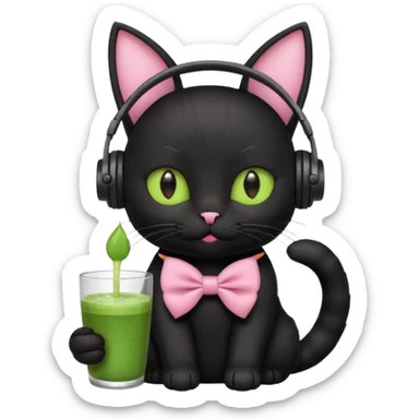 A black cat wearing cute headphones with a glass of matcha, a pink bow on his ear sticker