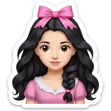 Beautiful girl with long black hair in a half-up half-down hairstyle with pink ribbon tying the top half, waves at the ends, brown eyes, light skin, slight smile, and pink dress sticker