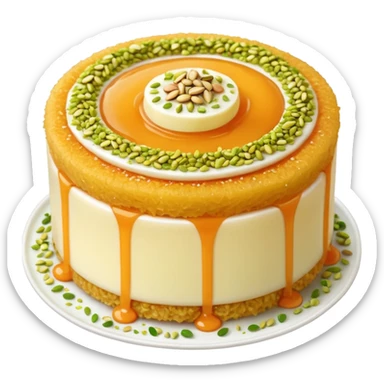 A small round emoji of traditional kanafeh with golden-orange crispy threads, a gooey white cheese center, and a light sprinkle of green pistachios. Warm and delicious-looking. sticker