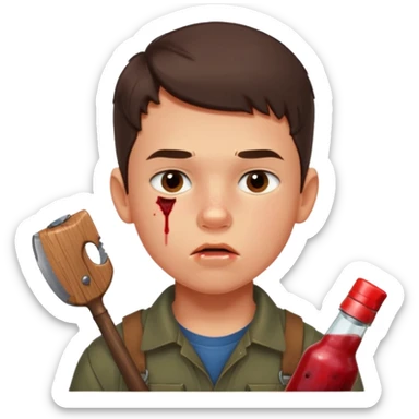 13 y/o Brian robeson at the beginning of Hatchet
determined, has hatchet, self-reliant, observant survivalist, berry juice on his lips, bug bites on cheeks, white boy, no bleeding or big cuts sticker