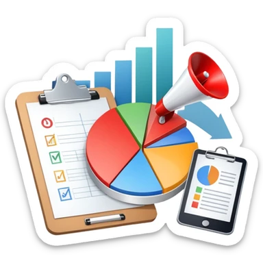 An icon featuring a pie chart, a megaphone, and a clipboard with strategy plans, symbolizing management and marketing. The design includes upward-trending graphs set against a modern office backdrop. Transparent background emphasizes business strategy and communication. sticker