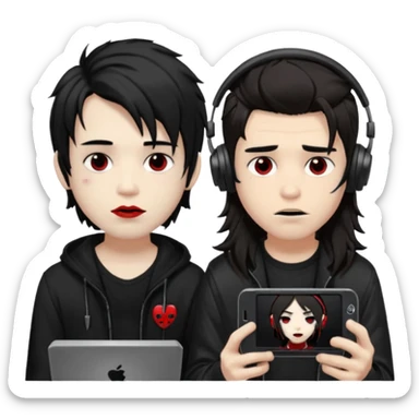 pale Goth boy with a bunch of face piercings, with shaggy dark brown hair, smudged red lipstick next to a tan skin gamer boy with long black hair , they are watching tv together  sticker