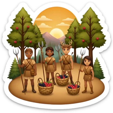 A simple, flat-style illustration of a small group of people with spears and baskets, gathering berries and hunting a deer, surrounded by trees and a sunset—emoji aesthetic, warm earth tones. sticker