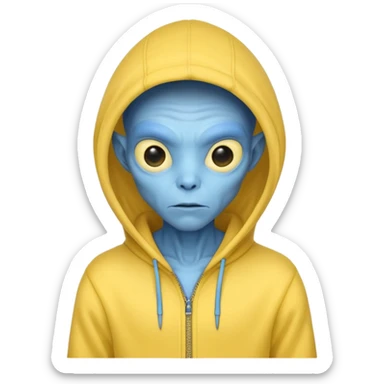 generate a blue alien wearing a yellow hoodie with no zipper sticker